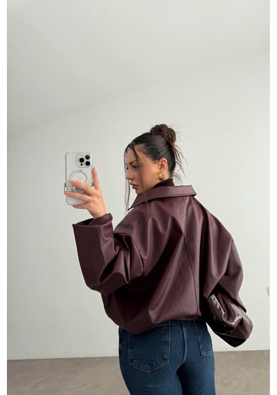 Pop Story Kadın Oversize Bomber Premium Deri Ceket Kemerli Bordo Bordo