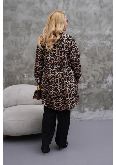 Polologin Butik Leopar Desenli Büyük Beden Uzun Tunik Kahverengi
