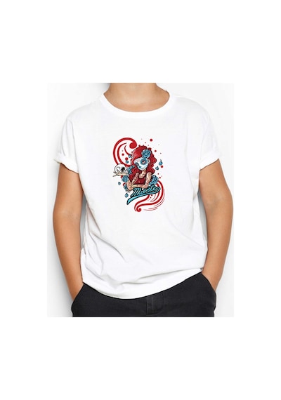 Zepplin Giyim Model Girl With Red Tatto Cartoon Beyaz Çocuk Tişört Beyaz