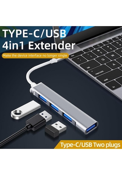 Usb 4 Port Çoklayıcı Hub - Macbook, İpad Ve Laptop Uyumlu 4 İn 1 Usb Extender - Metal Kasa A809