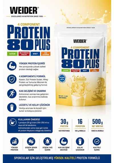 Weider 80 Plus Casein & Isolate & Whey & Egg Protein Tozu 500 Gram - Vanilla