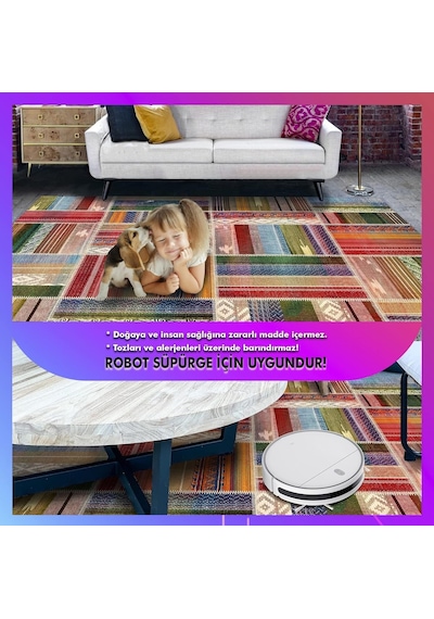 Latte Dizayn Bitsy Desenli Kadife Pamuk Tabanlı Yıkanabilen Kaydırmaz Antibakteriyel Salon Halısı 160x230 Diğer