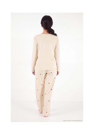Lela Desenli Yumuşak Dokulu Uzun Kollu Pijama Takımı Kadın Pijama Takımı 65750155 Bej