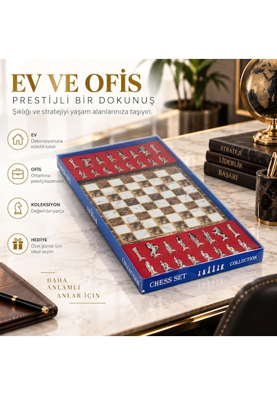 Lüks Metal Satranç Takımı Osmanlı Bizans Figürlü Krom Kehribar Mermer Desenli 20 X 20 Premium Hediye