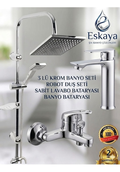 Eshome 3'lü Banyo Seti Krom Robot Duş Seti, Banyo Bataryası Ve Sabit Lavabo Bataryası - 3'lü Batarya Seti