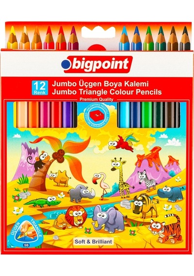 Bigpoint Jumbo Üçgen Kuru Boya Kalemi 12 Renk 12'li Stand