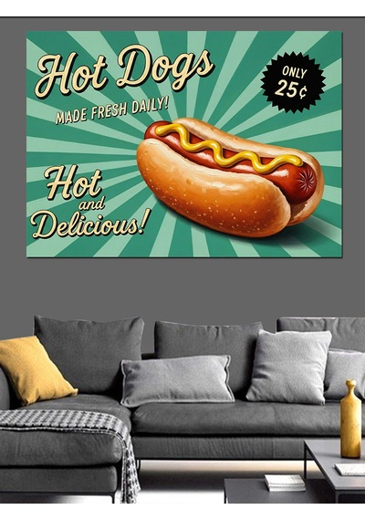 Hot Dog Sloganlı Sosisli Görselli Retro Afiş Dekoratif Kanvas - Mdf Ahşap Tablo