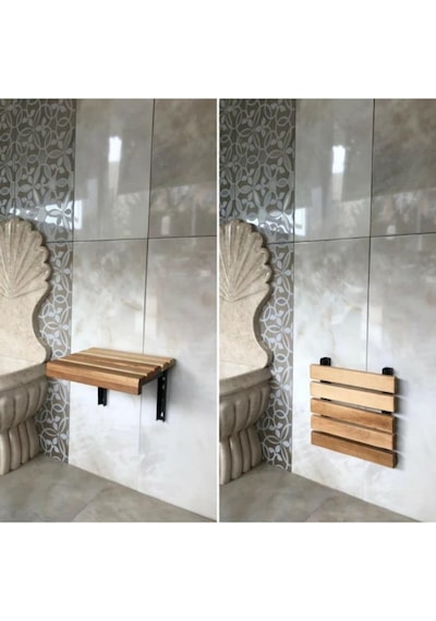 Meşe Rengi Ahşap Katlanır Duvara Monte Duş Taburesi Meşe 32x37,5 Meşe