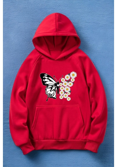 Papatya Kelebek Baskılı Oversize Sweatshirt Kırmızı