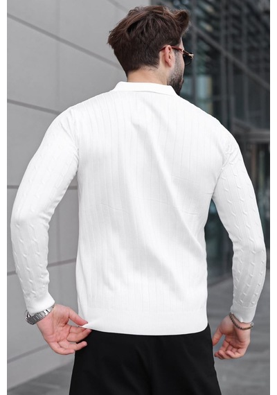 Madmext Beyaz Polo Yaka Saç Örgü Desenli Erkek Triko Kazak E7519