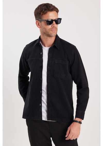 Tudors Regular Fit Rahat Kesim Cepli Denim Düğmeli Yaka Siyah Kot Gömlek-34849 Siyah