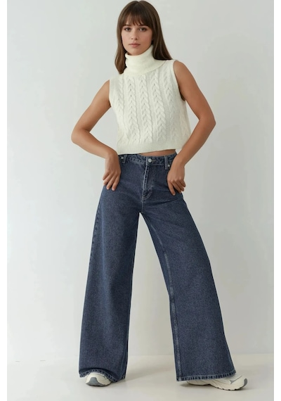 Hiccup Yüksek Bel Geniş Bacaklı Kot Pantolon Koyu Mavi Denim