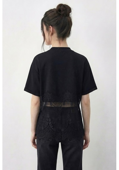 Shade Kadın Bisiklet Yaka Dantel Detaylı Rahat Kalıp T-shirt 1074 60286064 - Siyah