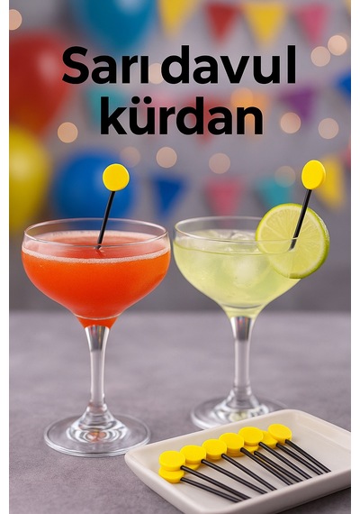 50 Li Sarı Davul Kürdan 12 Cm Parti, Sunum, Kanape, Kokteyl Ve Peynir Tabağı İçin Dekoratif Kürdan