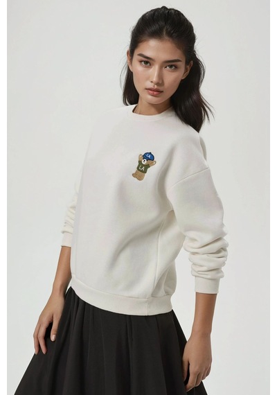 Hiccup İşlemeli Pamuklu Sweatshirt Tozlu Beyaz