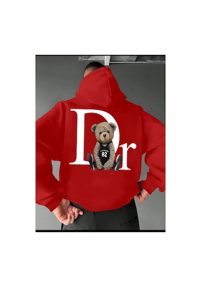 Herkesemoda Arka Ayı Baskı Detaylı İçi Polarlı Kapüşonlu Sweatshirt Kırmızı