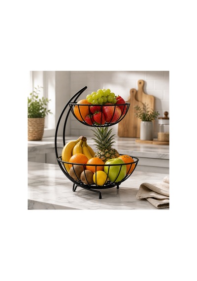 2 Katlı Metal Meyve Sepeti Siyah Geniş Hacimli Meyvelik Sebzelik Sunum Standı Modern Tezgah Üstü Organizer 25/28 Cm Çap 23 Cm Yükseklik Diğer