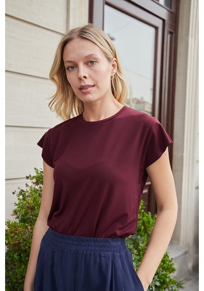 Jument Kadın İpeksi Kumaş Geniş Sıfır Yaka Kısa Kol Tshirt Bluz-bordo