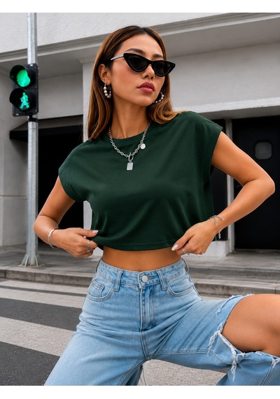Bonnywıll Bonnywılll Bisiklet Yaka Düşük Kol Crop T-shırt Haki