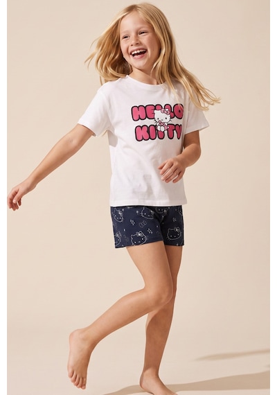 Siyah İnci Hello Kitty Lisanslı %100 Pamuk Ekru Çok Renkli Bisklet Yaka Şortlu Pijama Takım 26120201