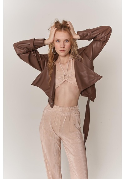 Holly Lolly Kadın Bej Crop Bağlamalı Cardy Bluz