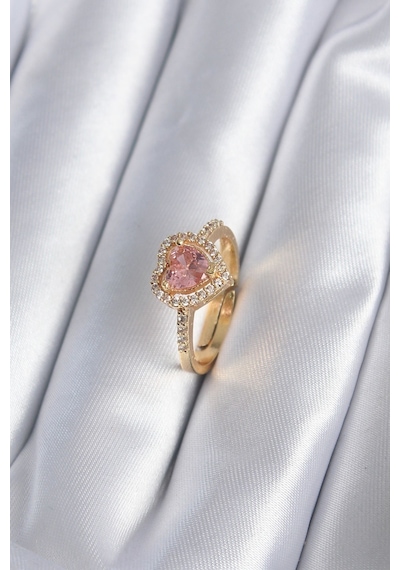 Pirinç Gold Renk Pembe Zirkon Taş Kalp Charm Model Kadın Yüzük -