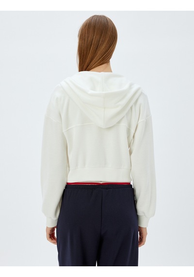 Koton Cepli Uzun Kollu Crop Kapüşonlu Fermuarlı Sweatshirt Ekru 5wak10056ek Ekru