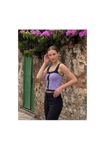 Onno Style Women Kolsuz Askılı Düğme Detaylı Kadın Triko Bluz Mor