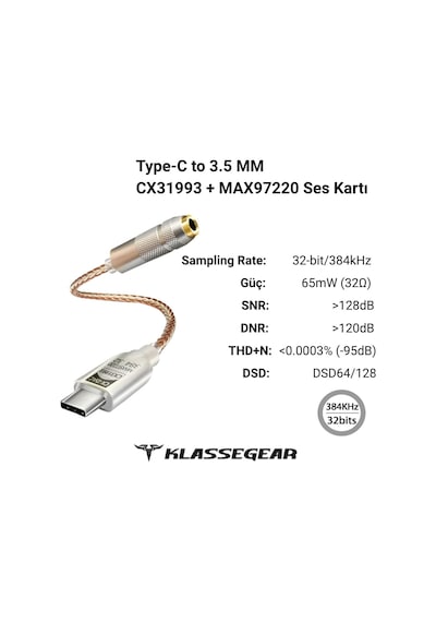 Klasse Type-c - 3.5 Cx31993 Max97220 Çip Hifi Dac Ses Kartı Kulaklık Kablosu Usb Başlık