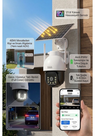 Inox-x21 4g Sım Kartlı Tek Lensli Solar Güneş Enerjili Güvenlik Kamerası - Black Light Gece Renkli Dış Mekan Kamera