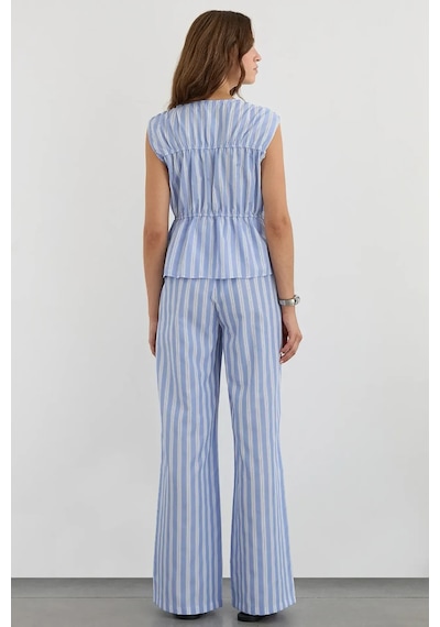 Hiccup Çizgili Kolsuz Düğmeli Peplum Bluz Mavi