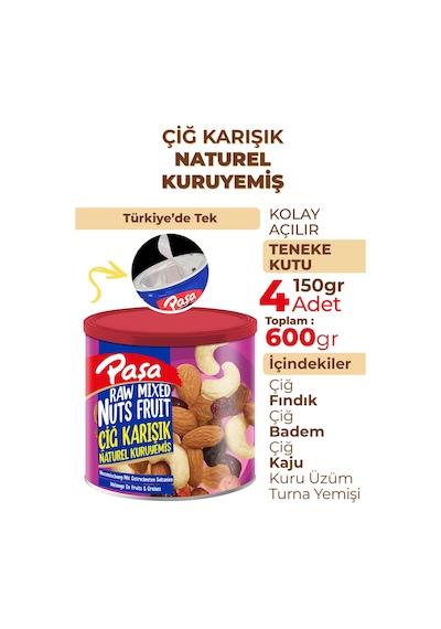 Paşa Kuruyemiş Çiğ Karışık Naturel Kuruyemiş Teneke Kutu 4 x 150 G