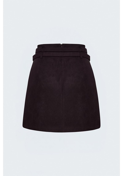 Sateen Süet Çift Kemerli Mini Etek - Bordo-137996