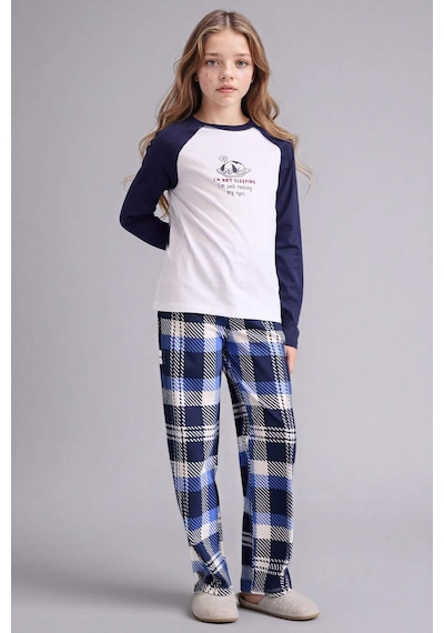 Defacto Kız Çocuk Pijama Takımı Baskılı Uzun Kollu Üst Kareli Uzun Alt F7288a825auwt79 Beyaz-wt79