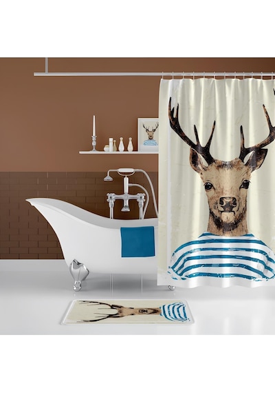 Banyo Paspas Ve Tek Kanat Duş Perdesi 1x180x200 Set Banyo Halısı Deer Karışık