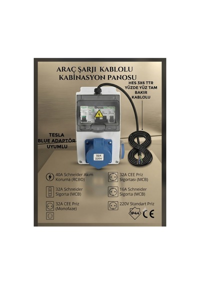 Sigortalı 18-metre 3x6 Ttr Yüzde 100 Tam Bakır Hes Kablolu 7.5 Kw - 32 Amper Elektrikli Araç Şarjı Kombinasyon Panosu Ev Charger Mavi Prizli Kombinasyon Panosu - 918592714