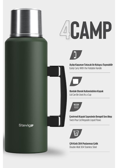 Stevig 4 Camp Klasik Vakumlu Kulplu Çelik Termos 1.5 Lt. Green St-206
