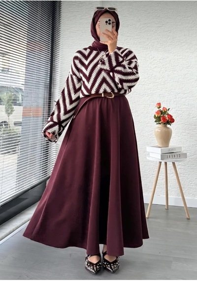 Trend Paris Retro Zigzag Desenli Oversize Örgü Triko Kazak Bordo Standart