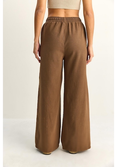 Shade Kadın Beli Lastikli Cep Detaylı Bol Keten Pantolon Yp5562 60286109 - Kahve