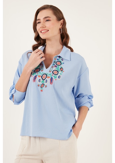 Lela Pamuklu Regular Fit Nakış Işlemeli Bayan Bluz 611Bz0181 Mavi
