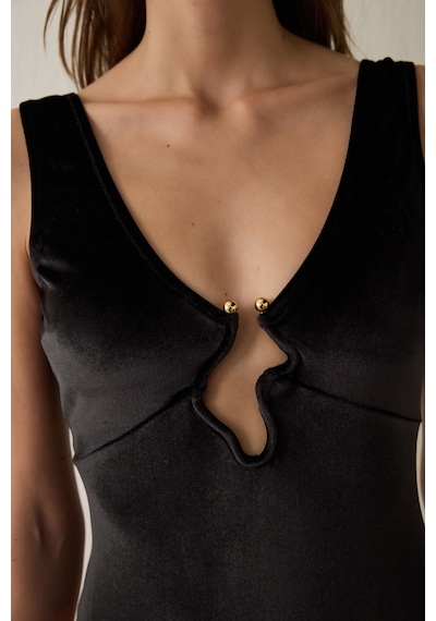 Penti Siyah Deep V Velvet Bodysuit Siyah