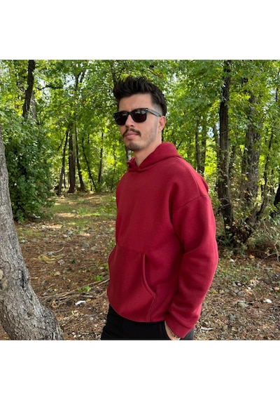 Erkek 3 İplik Basic Oversize Kanguru Cepli Kapüşonlu Sweatshirt Bordo