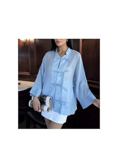 Fleurs Chic Yeni Model Geniş Kesim Kimono Gömlek Mavi