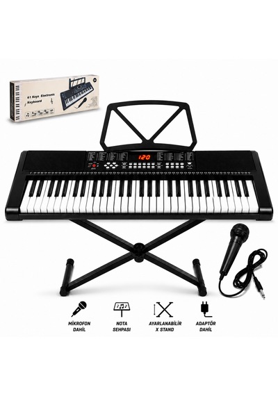 Multizone 61 Tuşlu Standlı Elektronik Dijital Işıklı Çocuk Piyanosu Mikrofonlu Başlangıç İçin Demolu Keyboard Org