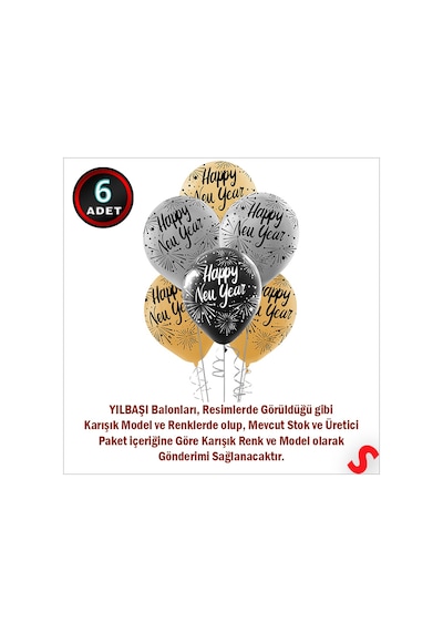 Happy New Year Yılbaşı Balonu, 30cm X 6 Adet Renkli