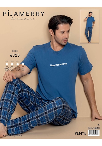 Pijamerry Erkek Bisiklet Yaka Kısa Kol Penye Pijama Takımı 6325 - 1 Adet Mavi