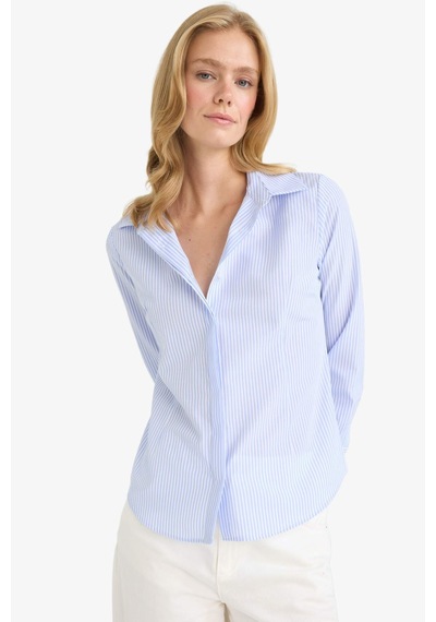 Defacto Fitted Çizgili Poplin Uzun Kollu Gömlek D3172AX24AU Mavi