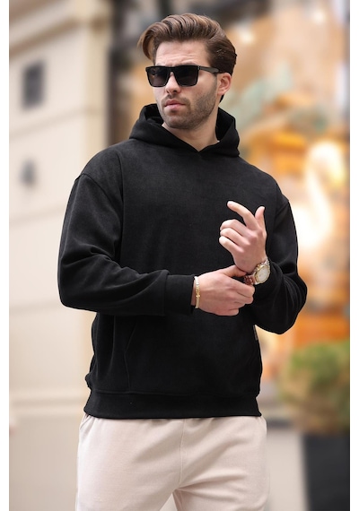 Madmext Siyah Kapüşonlu Cep Detaylı Dokulu Sweatshirt E7101 Siyah