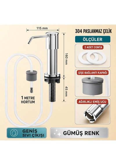 Valkyrie Ankastre Sıvı Sabunluk Bulaşık Deterjanı Pompası 304 Paslanmaz Çelik 1 Metre Hortumlu Gümüş