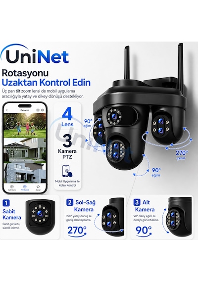 Uninet 4 Kameralı 3 Kamerası 355 Derece Dönebilen Biri Sabit Olan Wifi Güvenlik Sistemi Gece Görüşü, Çift Yönlü Ses Ve Uzaktan Izleme Özellikli Ip Ptz Kamera